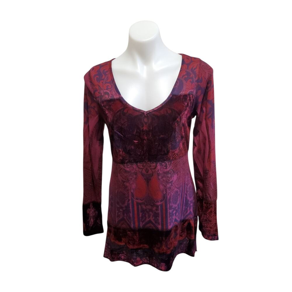 Y2K OneWorld S Boho Goth Velvet Purple Burnout Print High-Low Hem Artsy Tunic